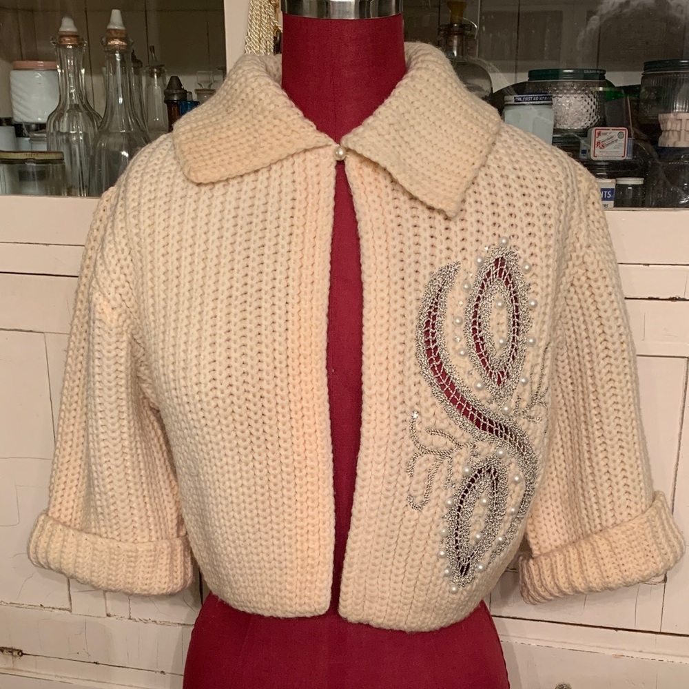 Beige sweater with Pearl and rhinestones. Vintage